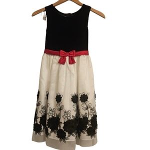 Bonnie Jean Black and White Formal Girls Dress Red Bow Floral Skirt Velvet Top